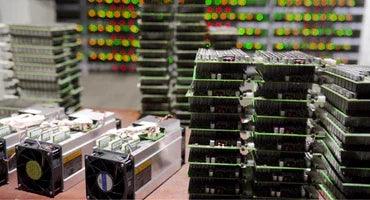 ASIC mining units arranged in a workshop
