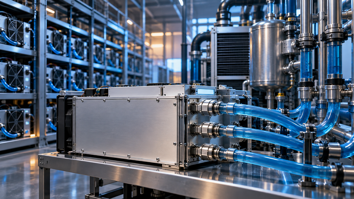 Illustration of ASIC liquid cooling and external infrastructure; not an actual facility photograph.