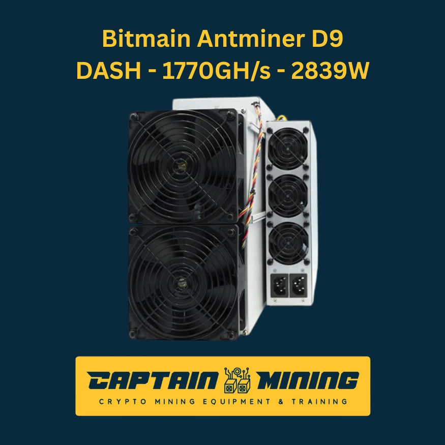 Bitmain Antminer D9 DASH miner front and rear dual view showing cooling fan arrays on both sides – 1770 GH/s 2839W Dash X11 ASIC miner complete overview