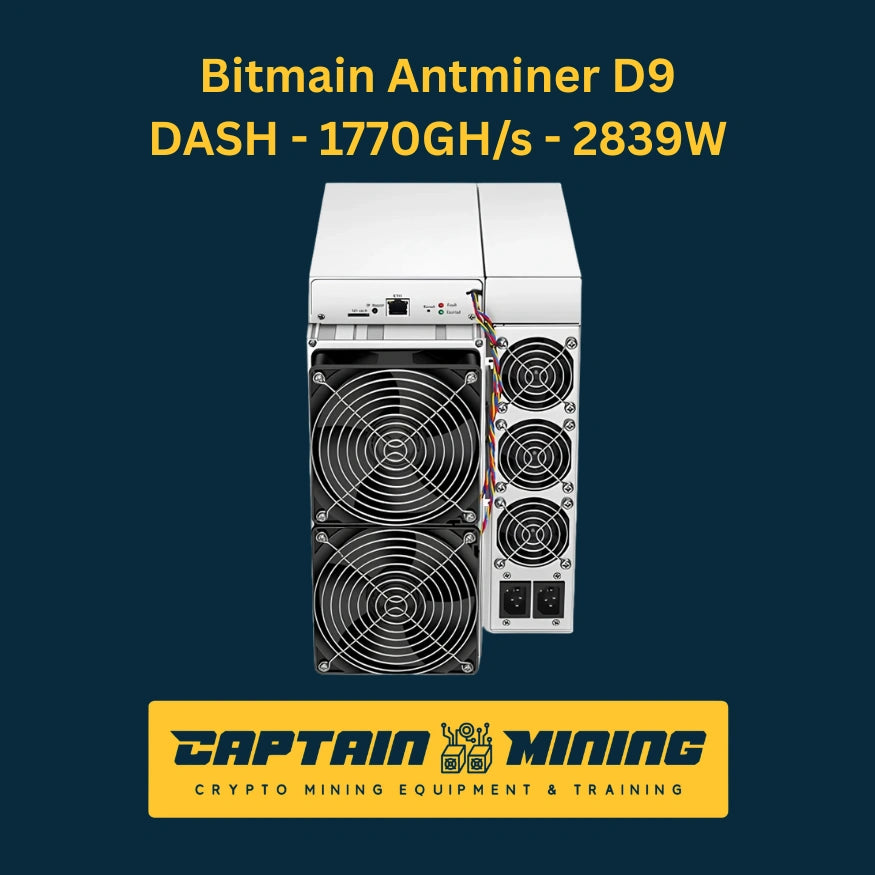 Bitmain Antminer D9 DASH miner front view showing quad cooling fans – 1770 GH/s 2839W X11 algorithm Dash ASIC miner with power connectors visible