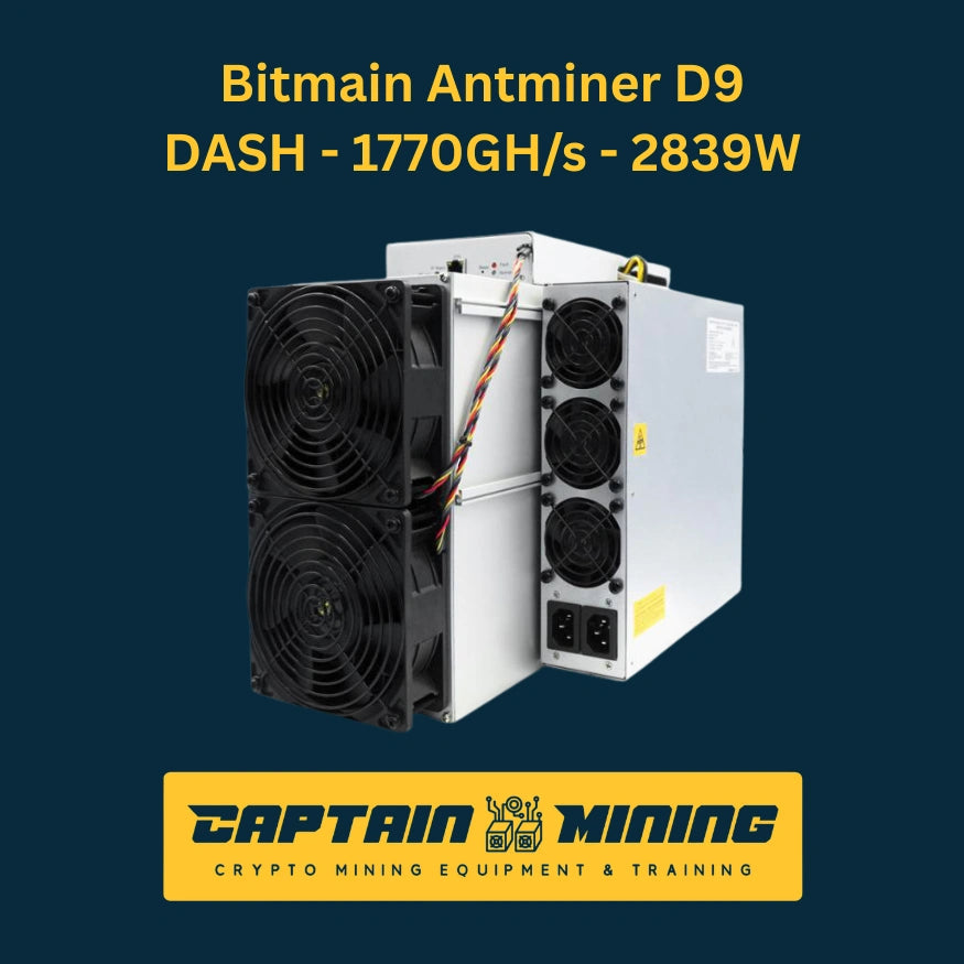 Bitmain Antminer D9 DASH miner rear view showing cooling fans and power connections – 1770 GH/s 2839W X11 algorithm ASIC miner for Dash cryptocurrency mining