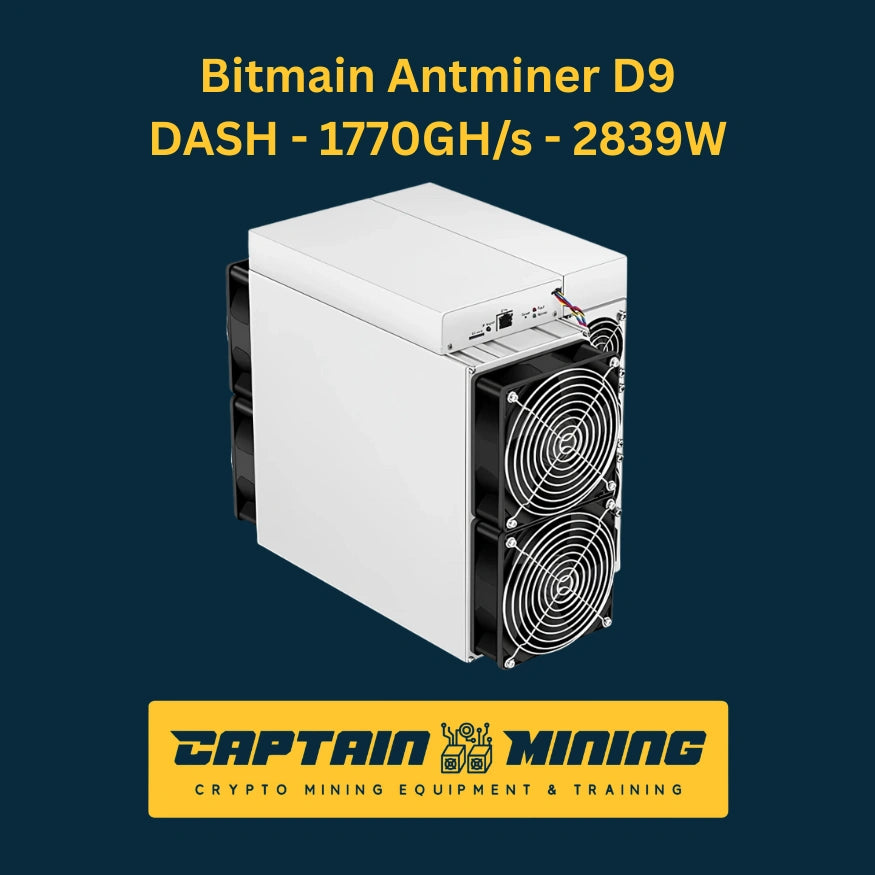 Bitmain Antminer D9 DASH miner side view with white casing and dual fan cooling – 1770 GH/s 2839W compact Dash X11 ASIC miner for cryptocurrency mining