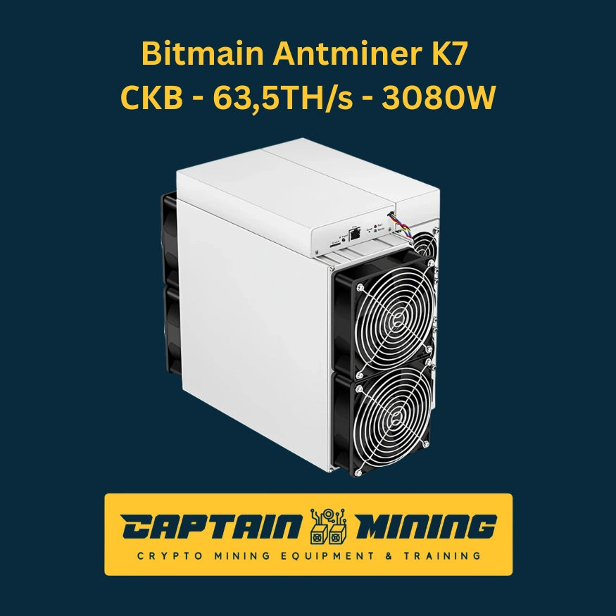 Bitmain Antminer K7 CKB miner side view with white casing – 63.5TH/s 3080W Nervos CKB ASIC miner compact design for cryptocurrency mining at CaptainMining