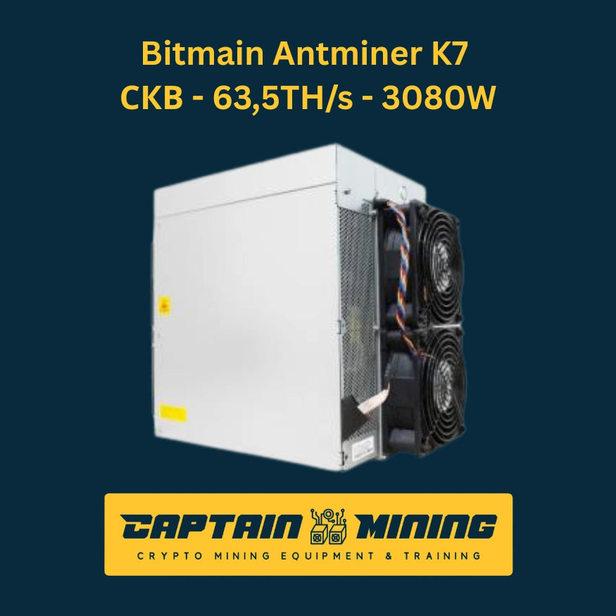 Bitmain Antminer K7 CKB miner 63.5TH/s 3080W – high-performance Nervos CKB ASIC miner with dual fan cooling system, available at CaptainMining Canada