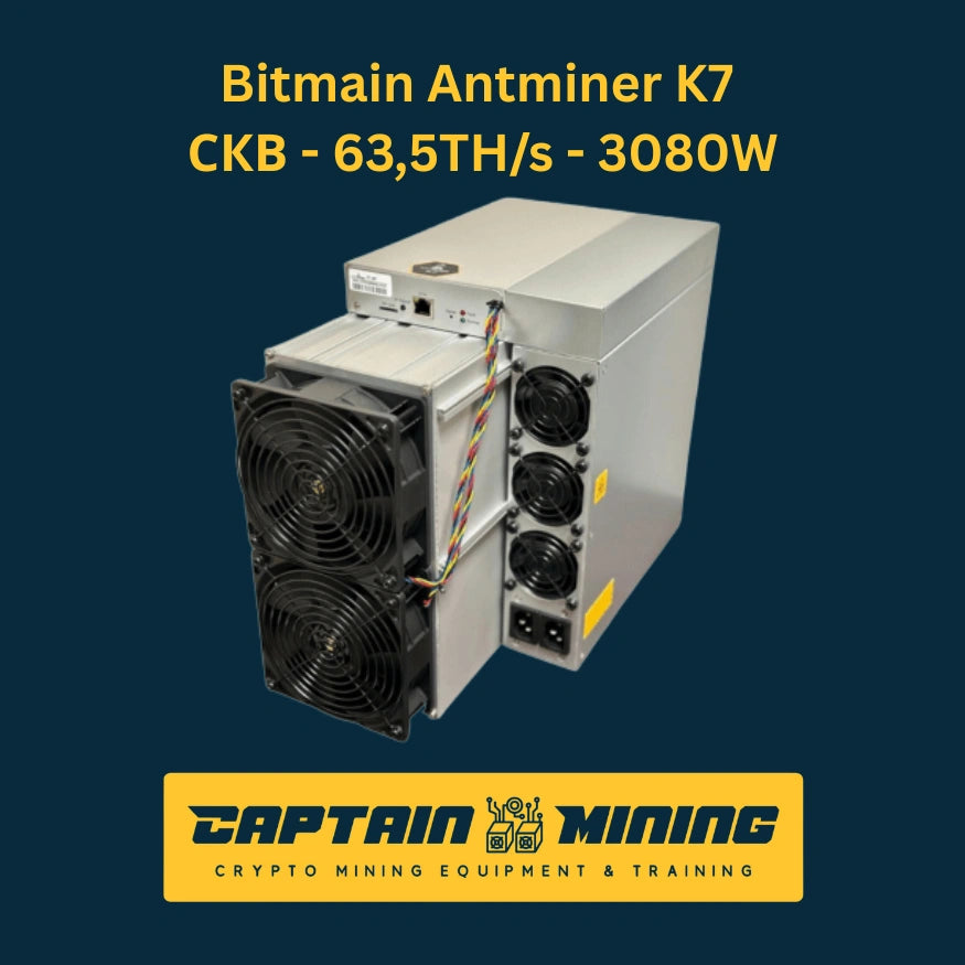 Bitmain Antminer K7 CKB miner rear view showing quad cooling fans and power connectors – 63.5TH/s 3080W Nervos CKB ASIC miner back panel