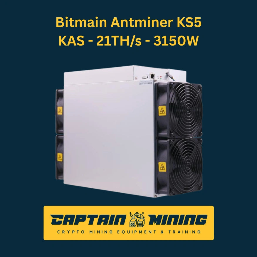Bitmain Antminer KS5 Kaspa miner front and rear view – 21 TH/s 3150W KHeavyHash ASIC miner with dual fan arrays for KAS cryptocurrency mining