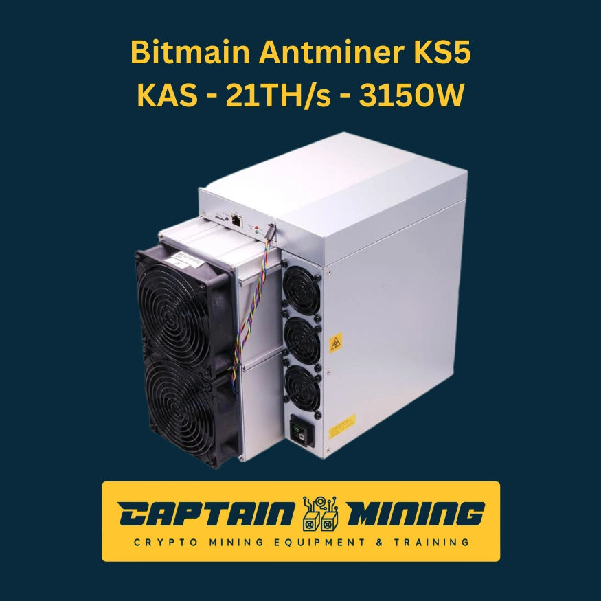Bitmain Antminer KS5 front view – 21 TH/s 3150W Kaspa KAS KHeavyHash ASIC miner with quad cooling fans and power cables for Kaspa cryptocurrency mining