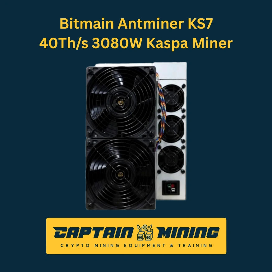 Bitmain Antminer KS7 front view – 40 TH/s 3080W Kaspa KAS KHeavyHash ASIC miner with quad cooling fans and power switch, high-performance Kaspa mining hardware available at CaptainMining