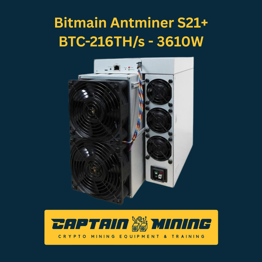 Bitmain Antminer S21+ rear view showing quad cooling fans and power switch – 216 TH/s 3610W Bitcoin SHA256 ASIC miner with high-performance airflow design