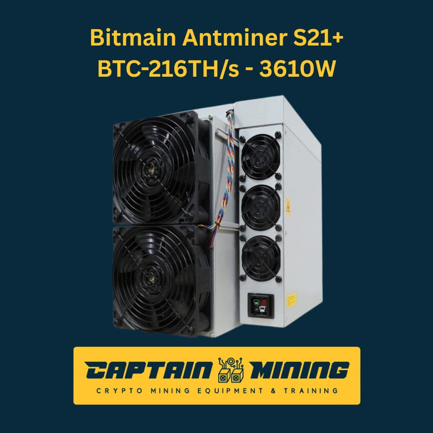 Bitmain Antminer S21+ side angle view showing quad fans and power cables – 216 TH/s 3610W Bitcoin ASIC miner with white casing for professional crypto mining