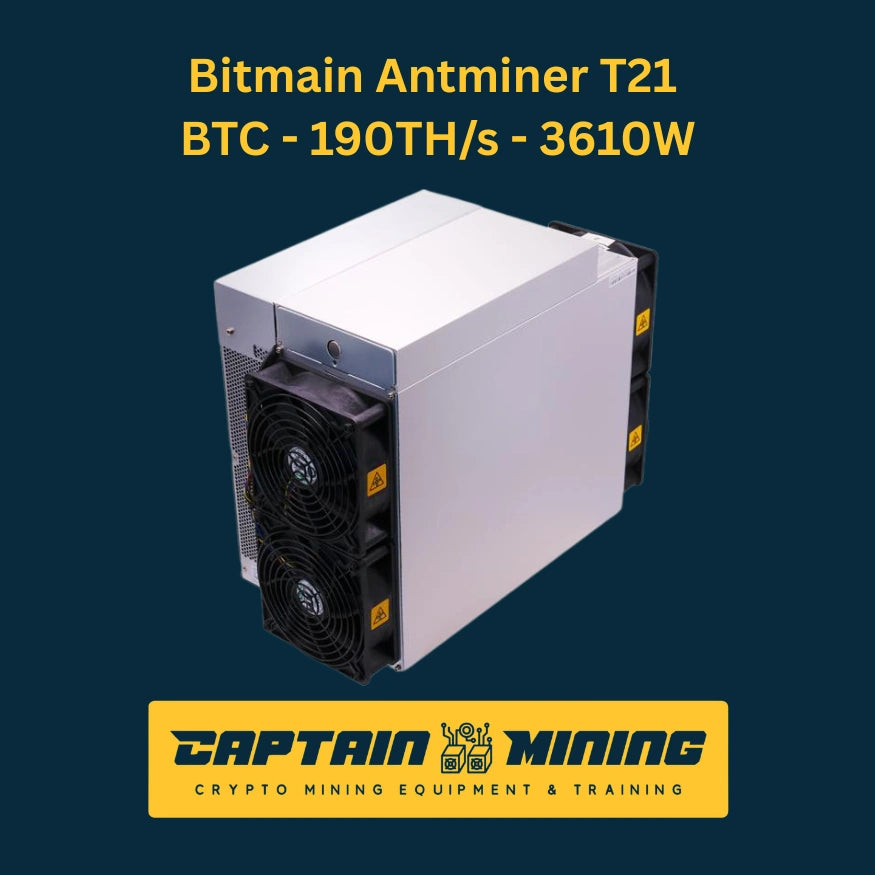 Bitmain Antminer T21 front side angle view – 190 TH/s 3610W Bitcoin SHA256 ASIC miner with dual cooling fans and compact design, high-performance BTC mining hardware available at CaptainMining