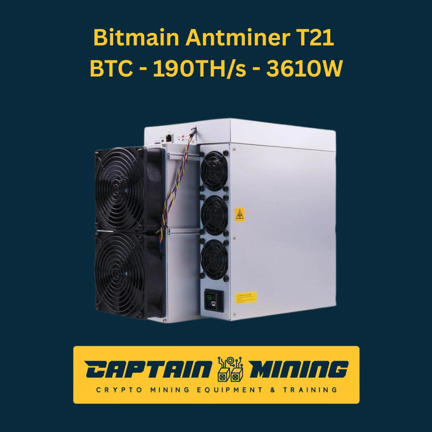 Bitmain Antminer T21 front view – 190 TH/s 3610W Bitcoin SHA256 ASIC miner with quad cooling fans and power cables, cost-effective BTC mining hardware