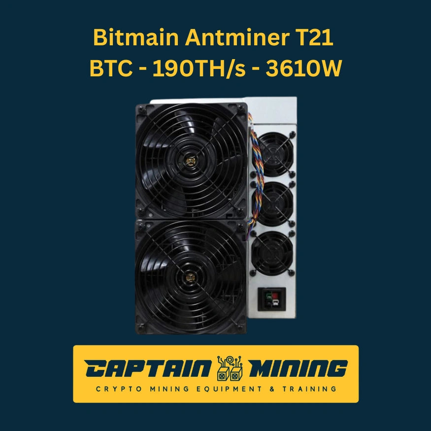 Bitmain Antminer T21 rear view showing quad cooling fans and power switch – 190 TH/s 3610W Bitcoin ASIC miner back panel with efficient airflow design