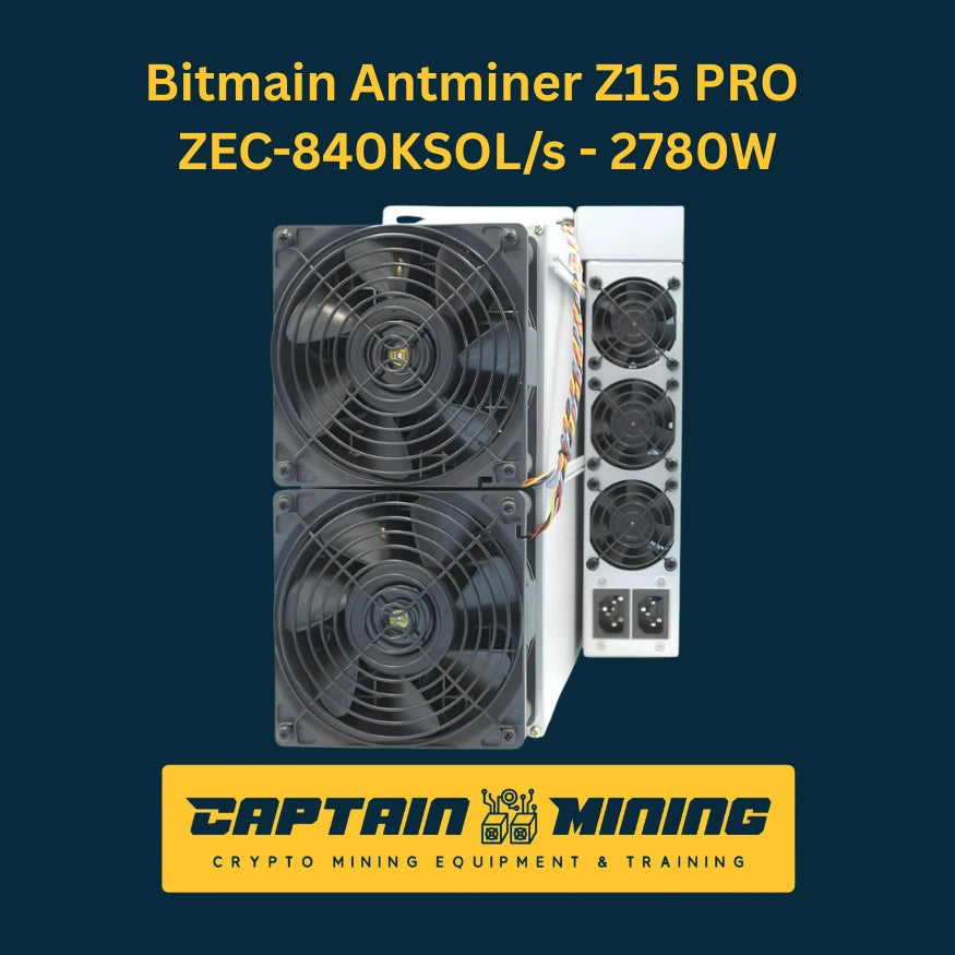 Bitmain Antminer Z15 PRO front and rear view showing dual cooling fan arrays – 840 KSOL/s 2780W Zcash ZEC Equihash ASIC miner for cryptocurrency mining