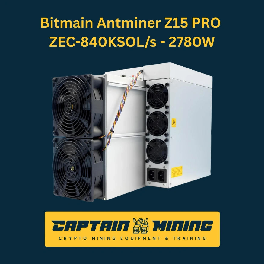Bitmain Antminer Z15 PRO rear view showing cooling fans and power connectors – 840 KSOL/s 2780W Zcash ZEC ASIC miner back panel with cable management