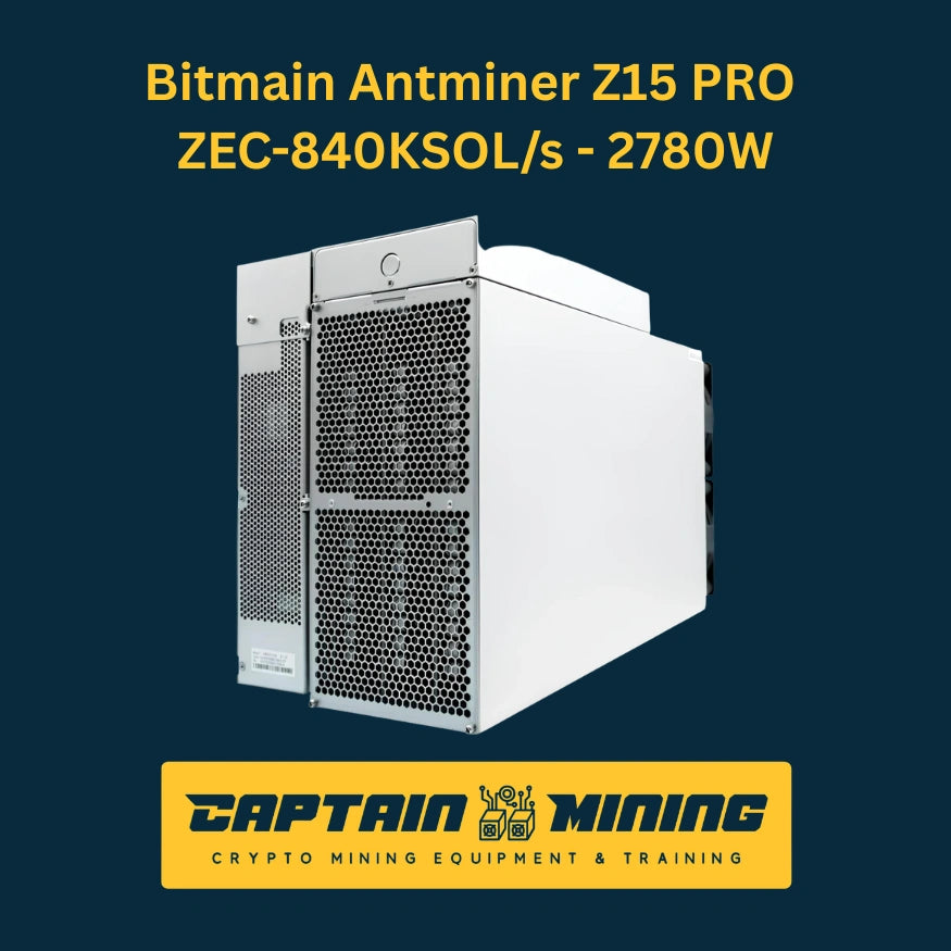Bitmain Antminer Z15 PRO side view with white casing and ventilation grille – 840 KSOL/s 2780W Zcash ZEC ASIC miner compact design for crypto mining