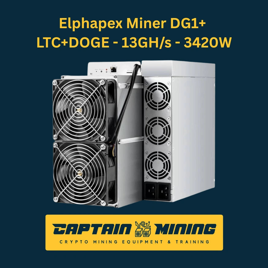 Elphapex Miner DG1+ front and rear view – 13 GH/s 3420W Litecoin Dogecoin LTC DOGE Scrypt ASIC miner with quad cooling fans and power connectors, dual-mining crypto hardware available at CaptainMining