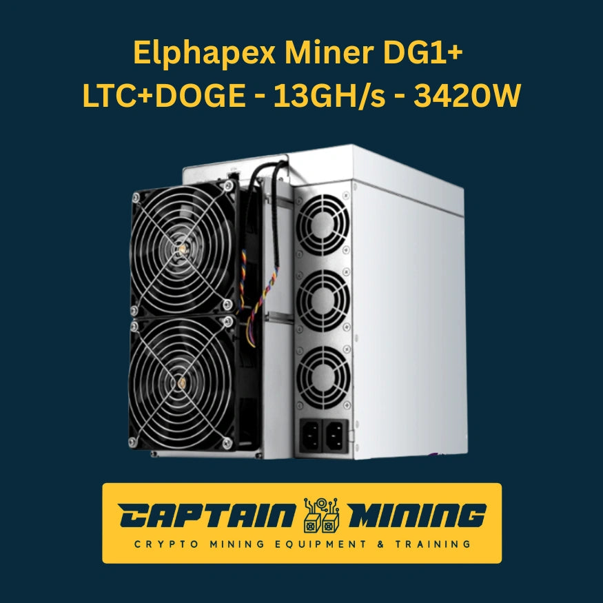 Elphapex Miner DG1+ front side view – 13 GH/s 3420W Litecoin Dogecoin LTC DOGE Scrypt ASIC miner with front fan grills and side panel, high-hashrate dual-mining hardware available at CaptainMining