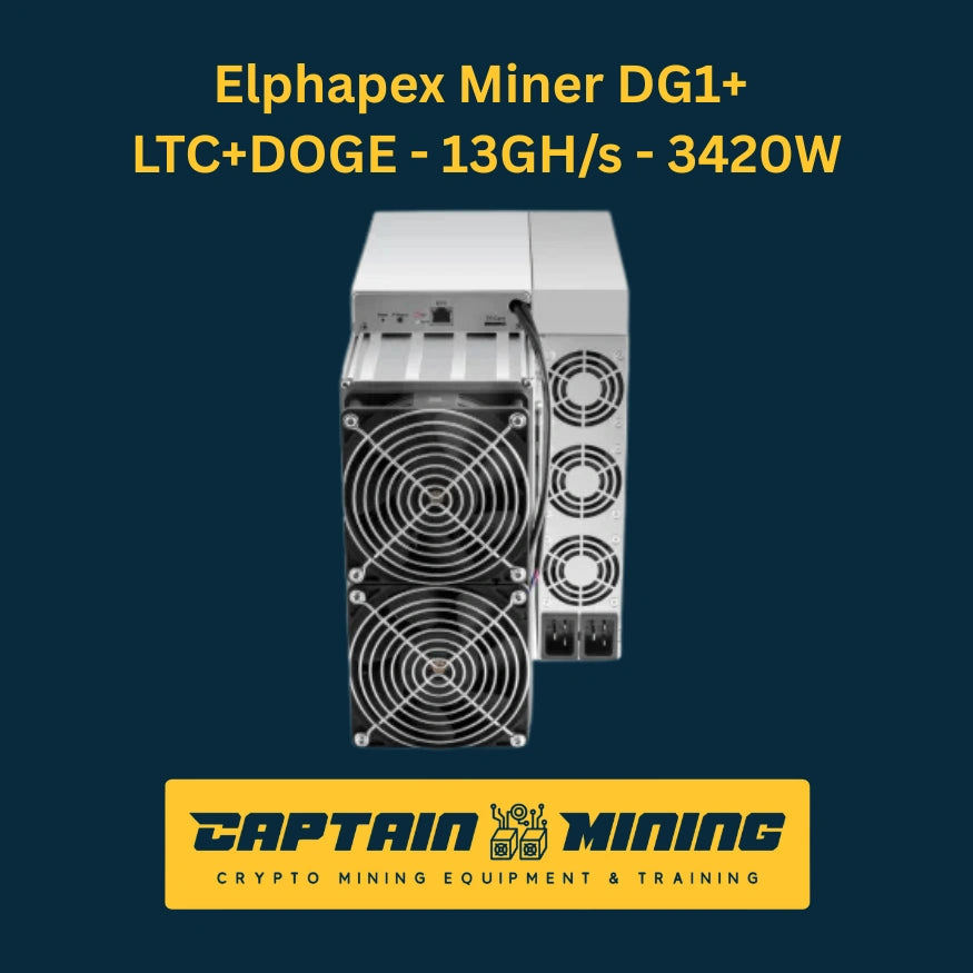 Elphapex Miner DG1+ rear side view – 13 GH/s 3420W Litecoin Dogecoin LTC DOGE Scrypt ASIC miner showing rear fans and power connectors, efficient dual-mining cryptocurrency hardware at CaptainMining