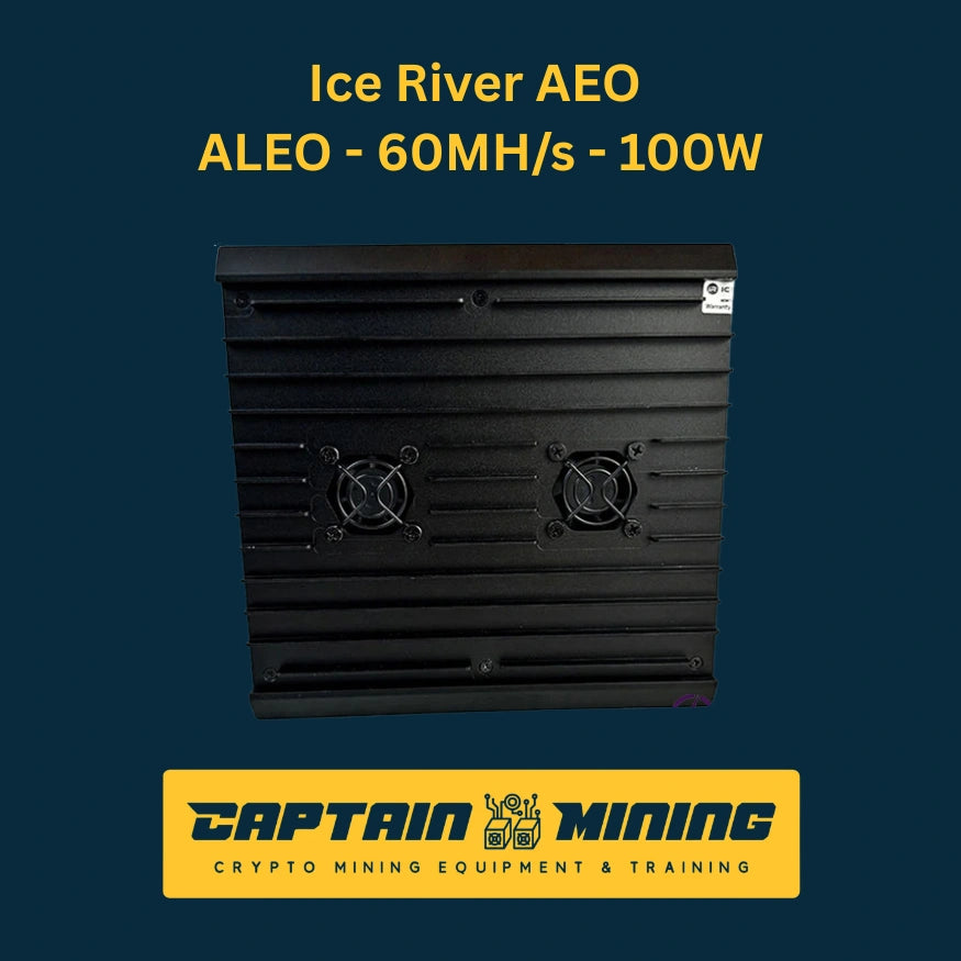 Ice River AEO front view – 60 MH/s 100W Aleo ASIC miner compact black casing with dual cooling fans, low-power efficient cryptocurrency mining hardware available at CaptainMining