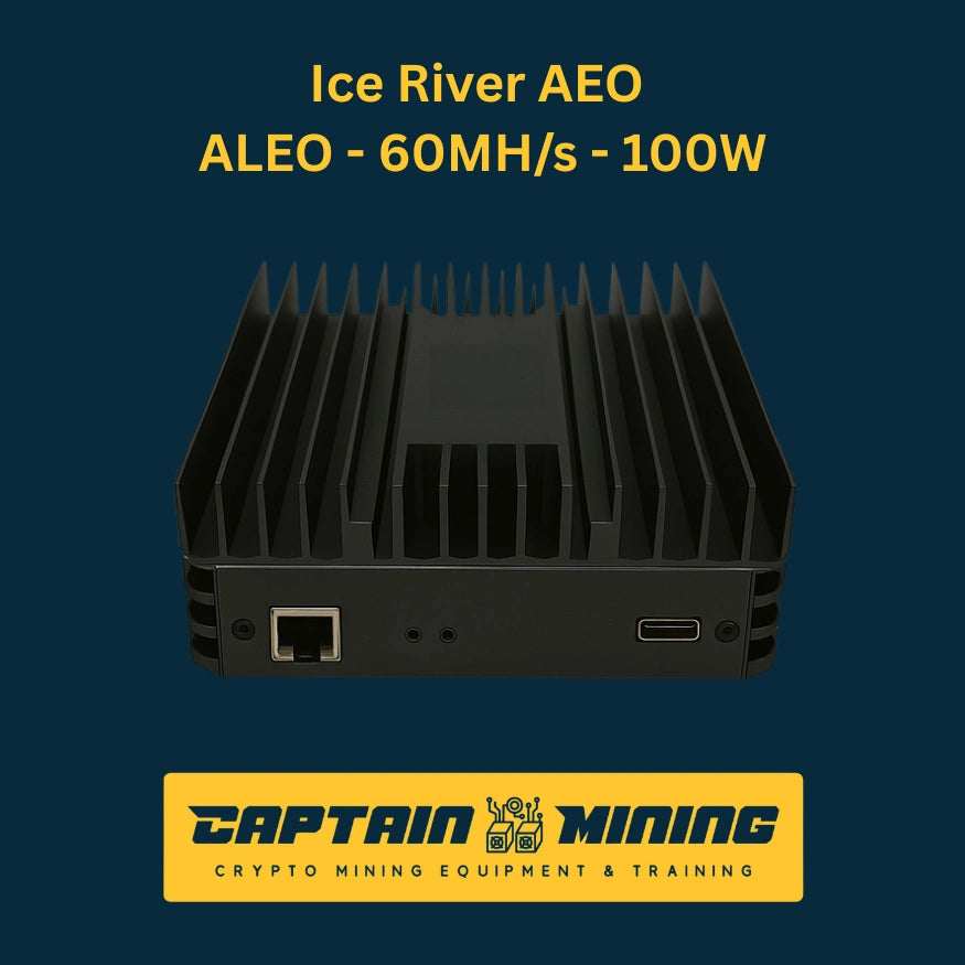 Ice River AEO rear view – 60 MH/s 100W Aleo ASIC miner showing Ethernet port and power connector, compact passive-cooled heatsink design, silent cryptocurrency miner available at CaptainMining