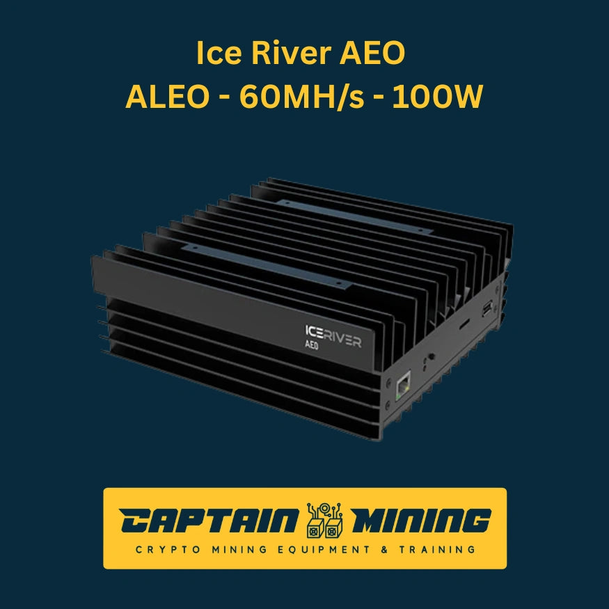 Ice River AEO side angle view – 60 MH/s 100W Aleo ASIC miner with passive heatsink fins and IceRiver branding, compact silent cryptocurrency mining device available at CaptainMining
