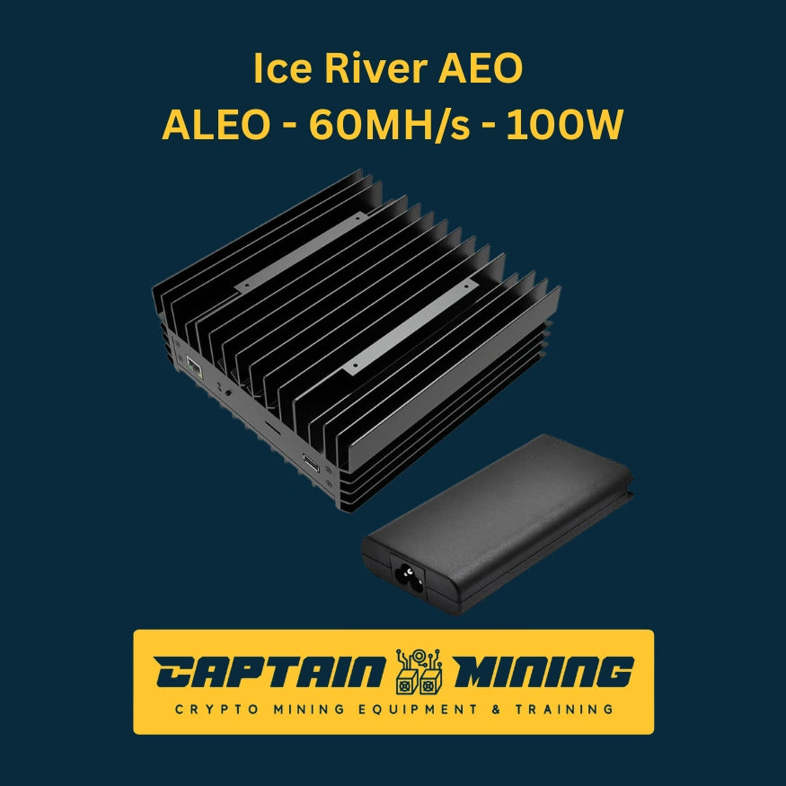Ice River AEO with power supply adapter – 60 MH/s 100W Aleo ASIC miner complete kit with external PSU, passive-cooled compact cryptocurrency miner available at CaptainMining