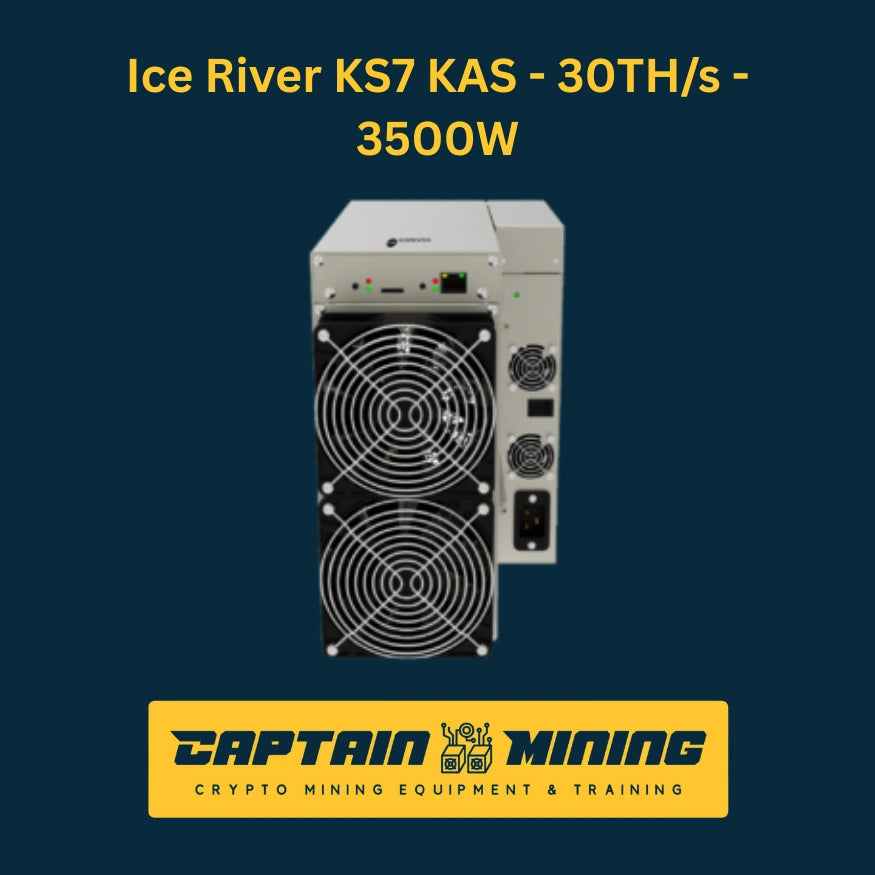 Ice River KS7 front view – 30 TH/s 3500W Kaspa KAS KHeavyHash ASIC miner with quad cooling fans and LED status indicators, high-performance Kaspa mining hardware available at CaptainMining