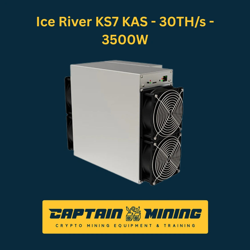 Ice River KS7 rear side view – 30 TH/s 3500W Kaspa KAS KHeavyHash ASIC miner showing rear fans and power connectors with LED indicators, Kaspa mining rig available at CaptainMining