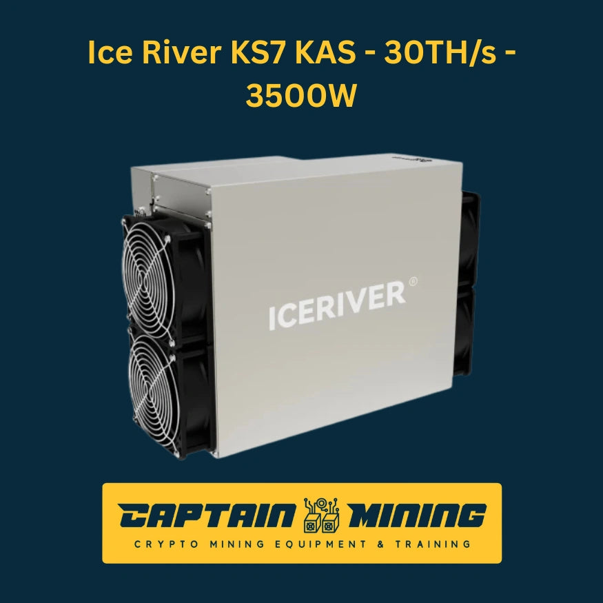 Ice River KS7 side view – 30 TH/s 3500W Kaspa KAS KHeavyHash ASIC miner with IceRiver branding and dual fan cooling system, Kaspa cryptocurrency mining hardware available at CaptainMining