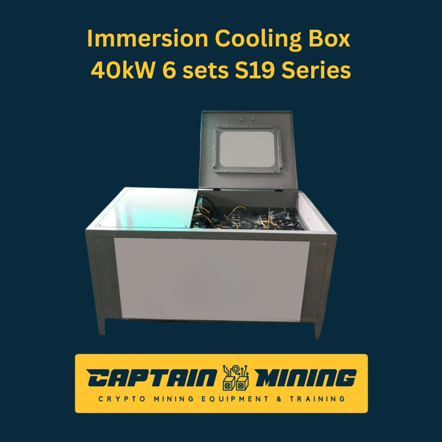 Immersion Cooling Box 40kW with lid open showing ASIC miners submerged in cooling liquid – 6 sets S19 Series immersion tank for silent Bitcoin mining