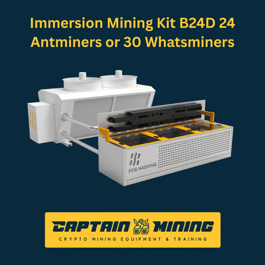 Immersion Mining Kit B24D by Fog Hashing – large-capacity liquid immersion cooling system for 24 Antminers or 30 Whatsminers with open tank view showing miner slots