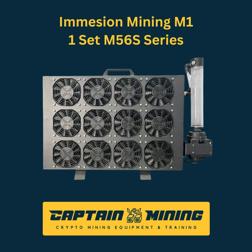 Immersion Mining M1 rear view showing 8-fan cooling array with water pump and liquid circulation system – M56S Series ASIC miner immersion cooling unit
