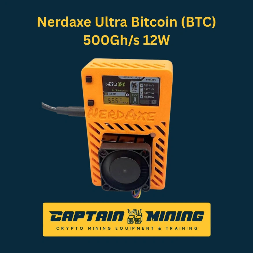 Nerdaxe Ultra Bitcoin solo miner front view – 500 GH/s 12W BTC SHA256 with LCD display showing hashrate and stats, orange 3D-printed case with cooling fan, home mining device available at CaptainMining