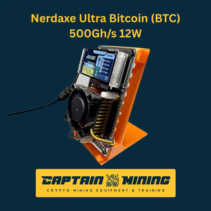 Nerdaxe Ultra Bitcoin solo miner open view – 500 GH/s 12W BTC SHA256 with LCD hashrate display screen and cooling fan, compact DIY Bitcoin mining device available at CaptainMining