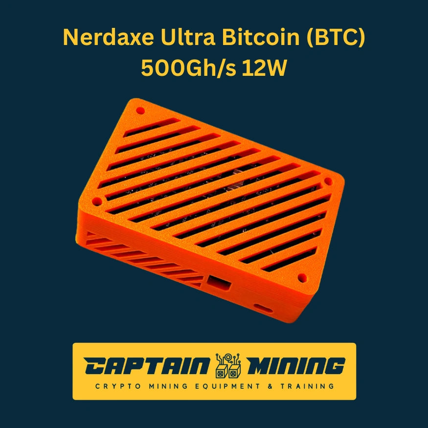 Nerdaxe Ultra Bitcoin solo miner – 500 GH/s 12W BTC SHA256 compact orange 3D-printed case, low-power home Bitcoin mining device available at CaptainMining