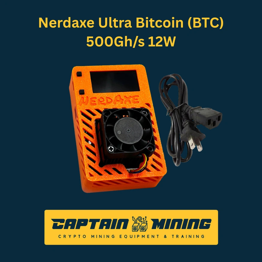 Nerdaxe Ultra Bitcoin solo miner with power cable – 500 GH/s 12W BTC SHA256 complete kit with orange case, cooling fan, LCD screen and power cord, plug-and-play home mining device available at CaptainMining