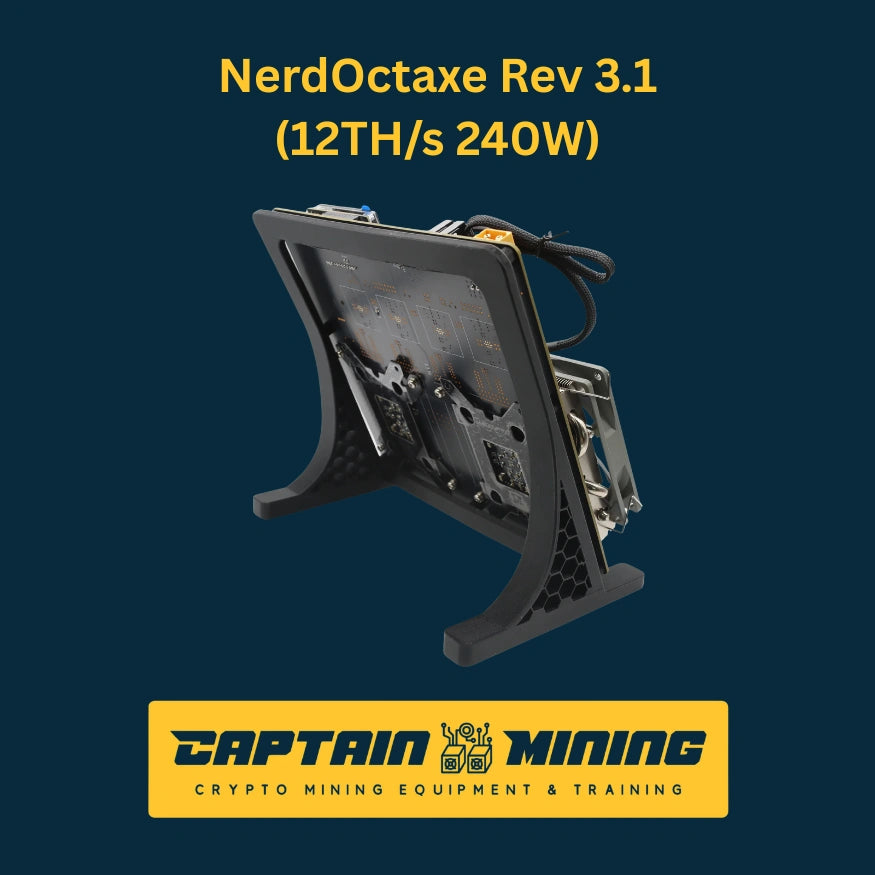 NerdOctaxe Rev 3.1 side angle view with dual cooling fans and metal stand - 12Th/s 240W nerdqaxe bitcoin solo miner compact design for home mining setup